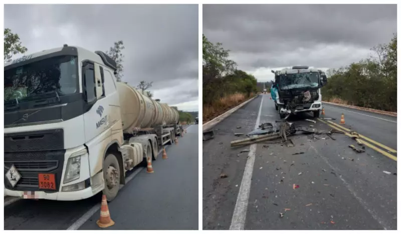 Acidente entre caminhões na BR-251 deixa motorista ferido em colisão frontal com carreta-tanque