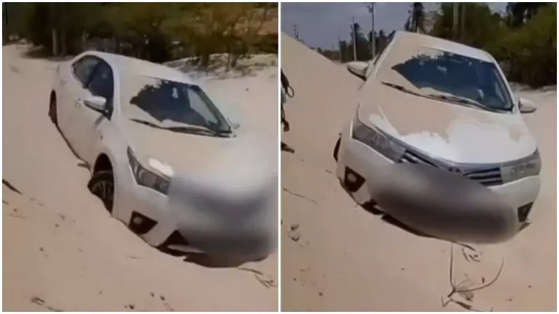 Carro fica quase soterrado ao cruzar estrada com dunas móveis no Ceará | Vídeo impressionante