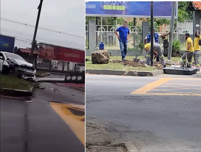 Carro invade ciclovia e derruba poste de sinalização em Campos: acidente na Avenida 28 de Março