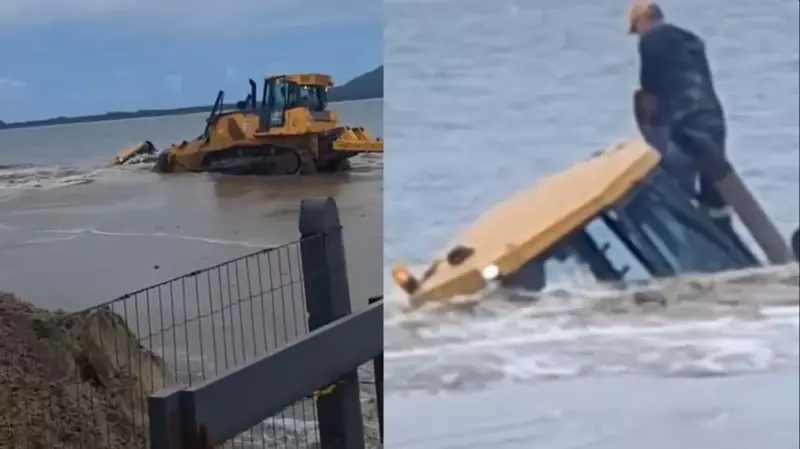 Cena impressionante: Máquina é engolida por areia em obra milionária no litoral de SC
