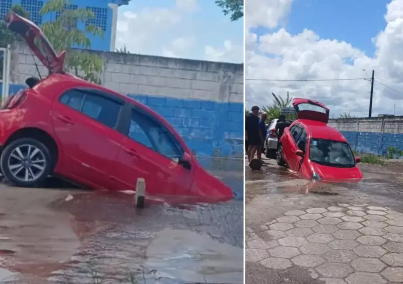 Cratera Engole Carro Após Rompimento de Tubulação em Praia Grande, SP