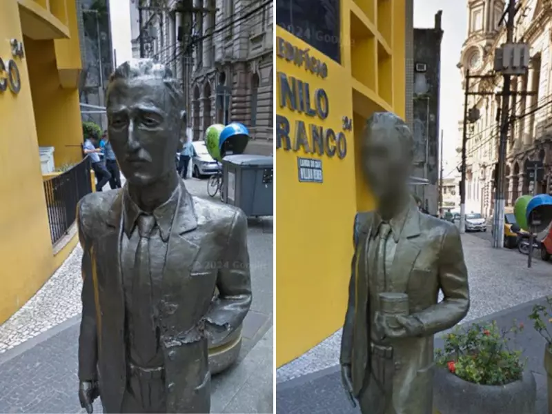 Estátua hiper-realista em Santos é confundida com pessoa real e tem rosto censurado no Google Maps