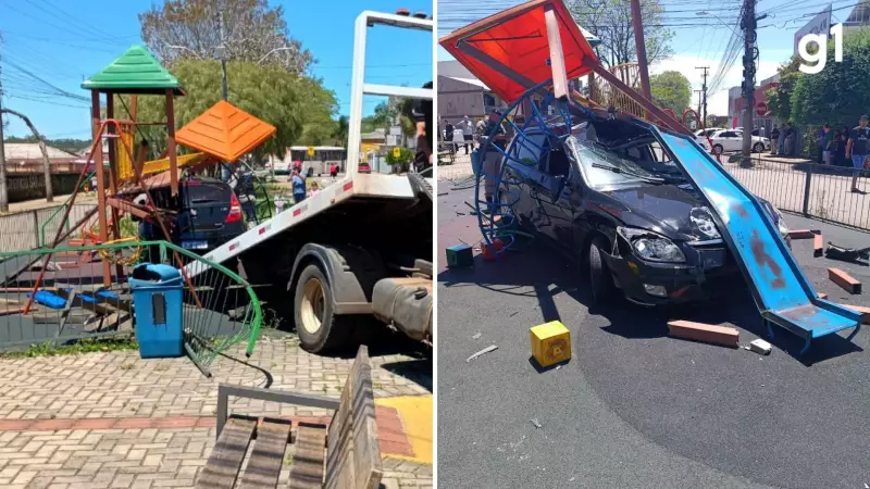Motorista invade praça e destrói parquinho infantil em Passo Fundo; veja o flagra