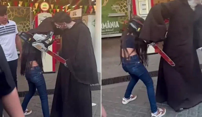 Susto em parque temático: jovem tem cabelo preso em motosserra cenográfica durante apresentação