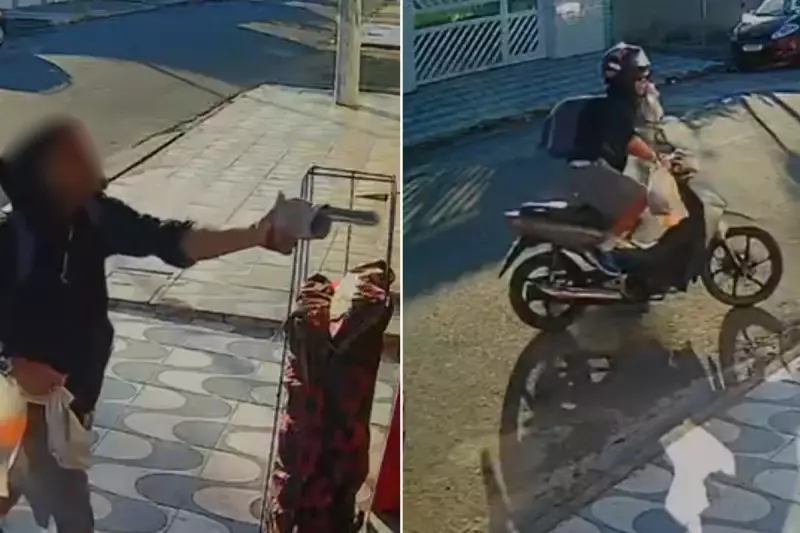 Vídeo chocante: homem armado rouba moto de mulher em frente a padaria no litoral de SP