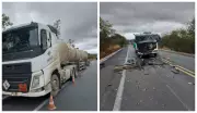 Acidente entre caminhões na BR-251 deixa motorista ferido em colisão frontal com carreta-tanque