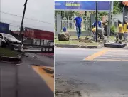 Carro invade ciclovia e derruba poste de sinalização em Campos: acidente na Avenida 28 de Março