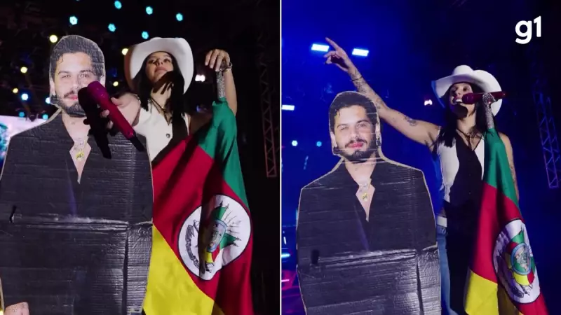 Ana Castela recebe Zé Felipe de papelão em show no RS