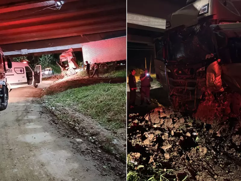 Carreta cai de ponte na BR-116 em Registro; motorista socorrido com ferimento