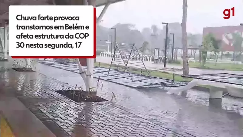Chuva forte derruba estrutura da COP 30 e causa caos em Belém