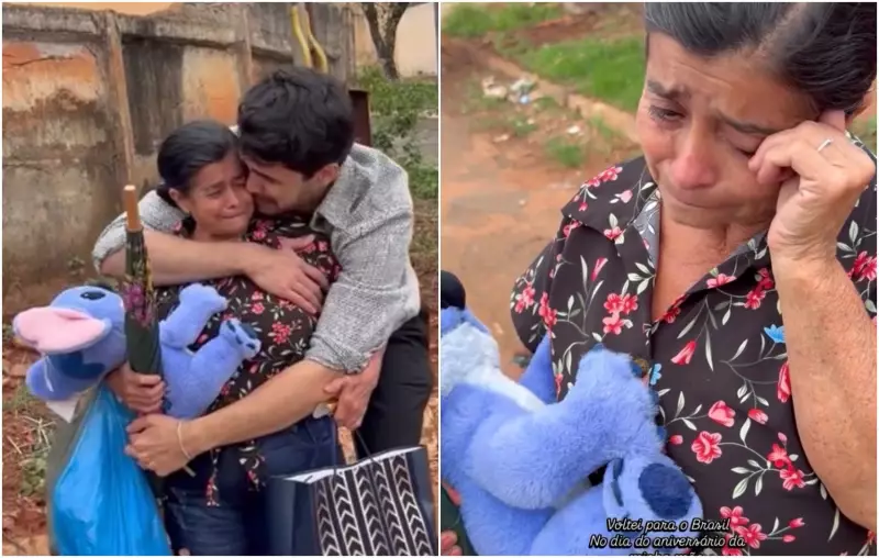 Mãe se emociona com surpresa do filho após quase 2 anos em Londres