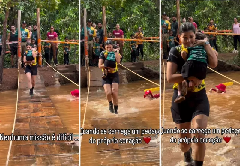 Mãe viraliza ao atravessar ponte com filha no colo durante prova de corrida; atitude divide a web
