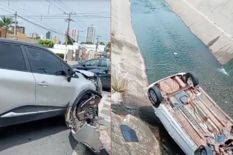 Acidente em Cuiabá: carro cai em córrego após colisão e deixa 4 feridos