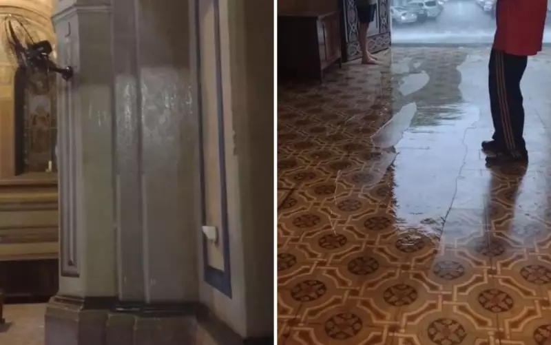 Chuva forte forma 'cachoeira' na Catedral de Ribeirão Preto em obras