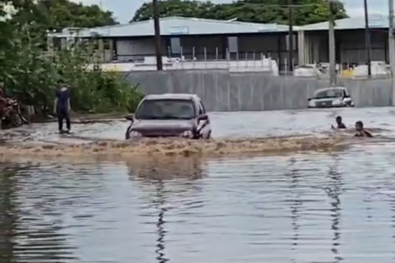 Crianças transformam alagamento em diversão em Campo Grande após chuva