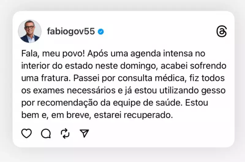 Governador de Sergipe sofre fratura no dedo do pé e será afastado por 4 semanas