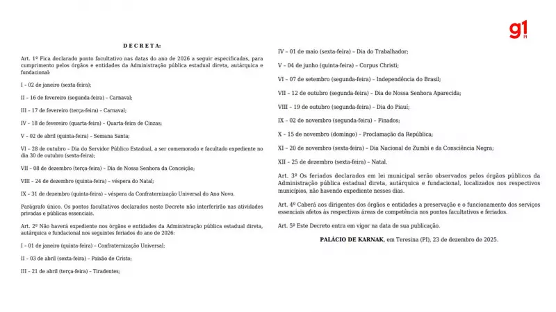Governo do Piauí divulga calendário oficial com 12 feriados e 9 pontos facultativos para 2026