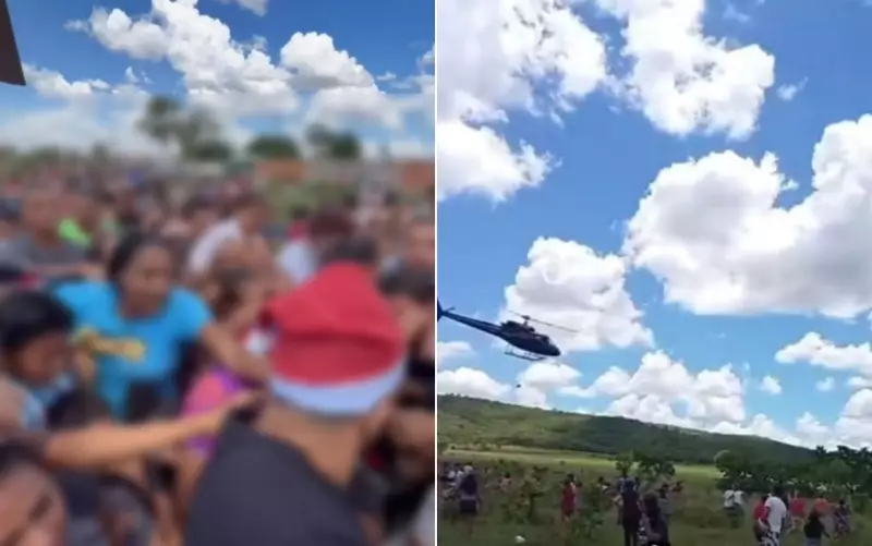 Helicóptero de frigorífico joga carne para moradores em Aparecida de Goiânia