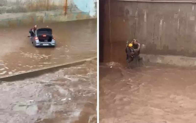 Motorista é resgatado de carro ilhado na Marginal Botafogo após chuva forte em Goiânia