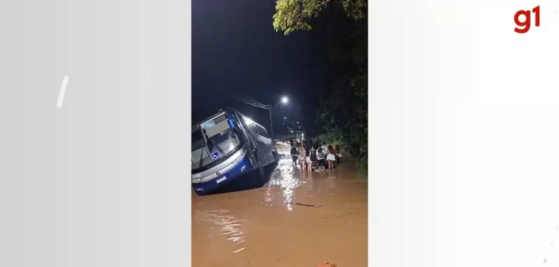 Ônibus com 30 passageiros sai da pista em área alagada de Itajaí, SC