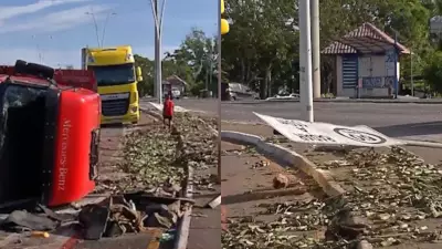 Caminhão carregado de bananas tomba em Belém; carga é furtada por populares