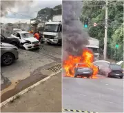 Acidente com caminhão sem freios deixa feridos e carro em chamas em Contagem