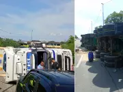 Carreta tomba em curva no litoral de SP após desviar de ciclista