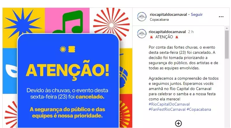 Carnaval Fan Fest em Copacabana é cancelado devido às fortes chuvas no Rio de Janeiro