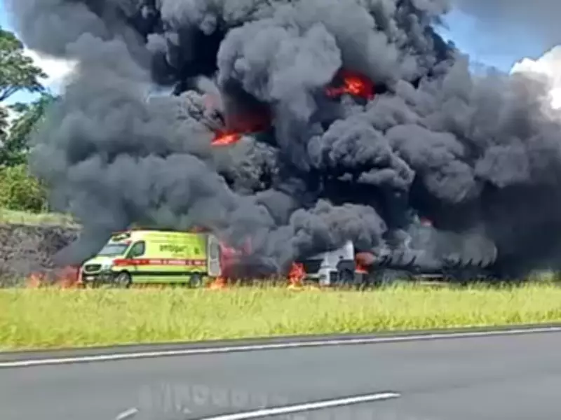 Carreta com 45,5 mil litros de nafta tomba e pega fogo na Bandeirantes em Sumaré