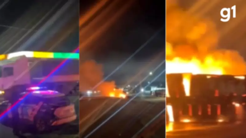 Carreta com algodão pega fogo após tombamento na BR-364 em Cuiabá