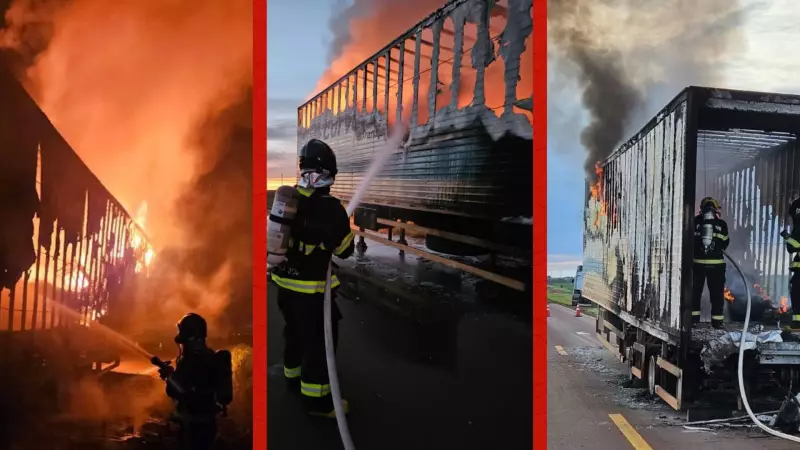 Carreta pega fogo na MT-325 em Canarana; bombeiros usam 14 mil litros de água