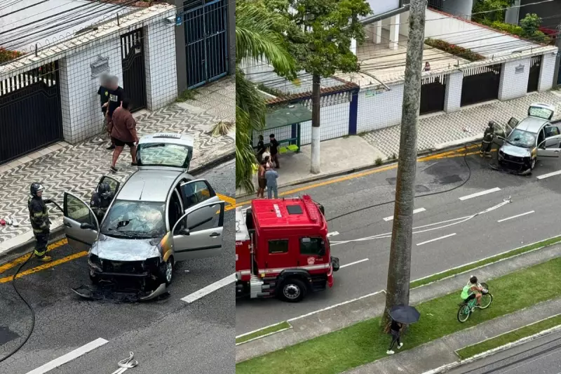 Carro pega fogo na Avenida Ana Costa, em Santos; casal escapa ileso