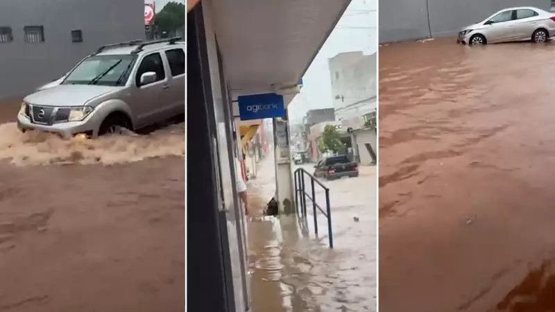 Chuva intensa causa alagamentos e transtornos em Corrente, no Sul do Piauí