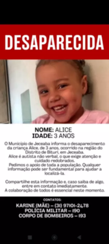Criança autista de 3 anos desaparece em Jeceaba; buscas mobilizam comunidade e forças de segurança