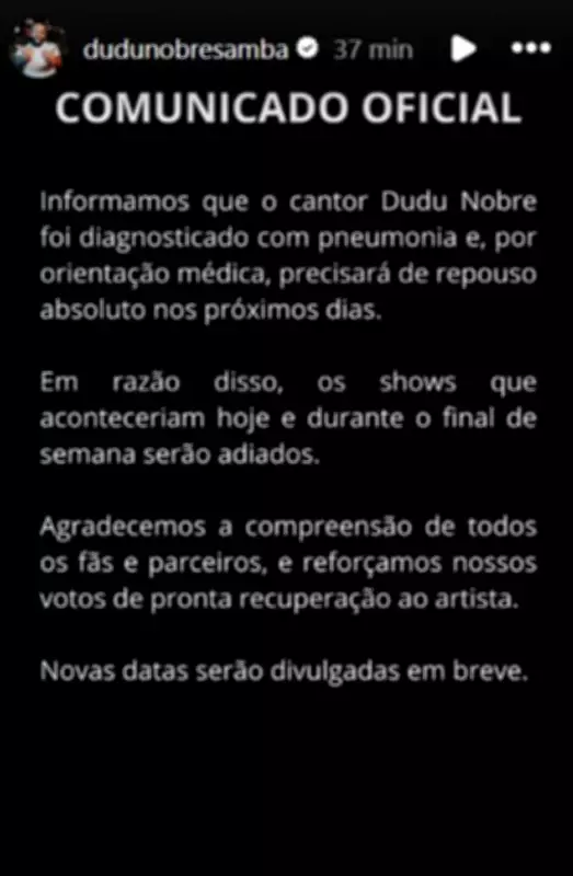 Dudu Nobre adia shows após diagnóstico de pneumonia e segue em repouso