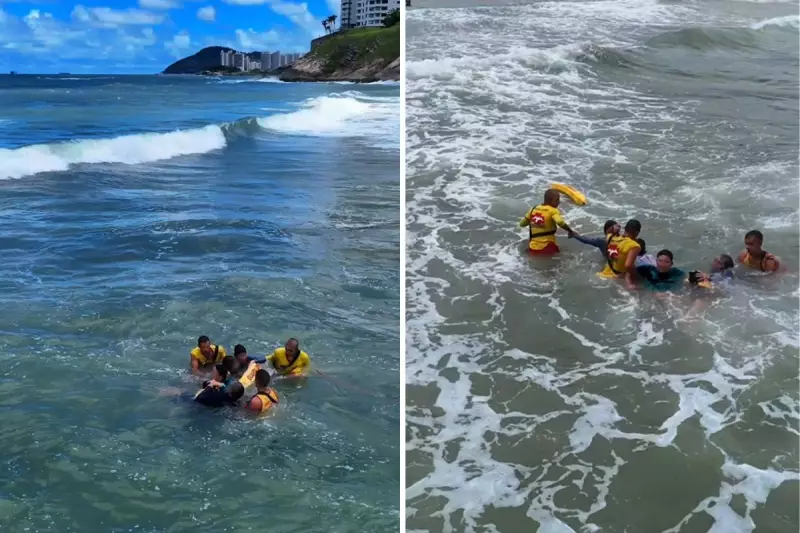 Família é resgatada por guarda-vidas após corrente de retorno no mar em Guarujá, SP