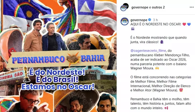 Governos de PE e BA celebram juntos indicações de filme pernambucano ao Oscar