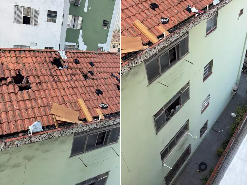 Homem joga eletrodomésticos do 15º andar e destrói telhado em São Vicente