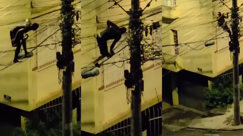 Homem se equilibra em fiação de alta tensão para furtar cabos em BH e deixa moradores sem internet