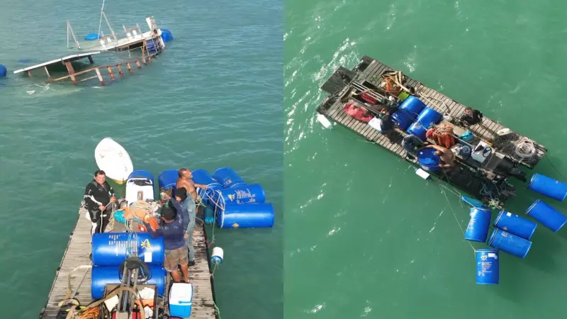 Homens tentam resgatar catamarã que afundou no mar de Fortaleza; vídeo mostra operação