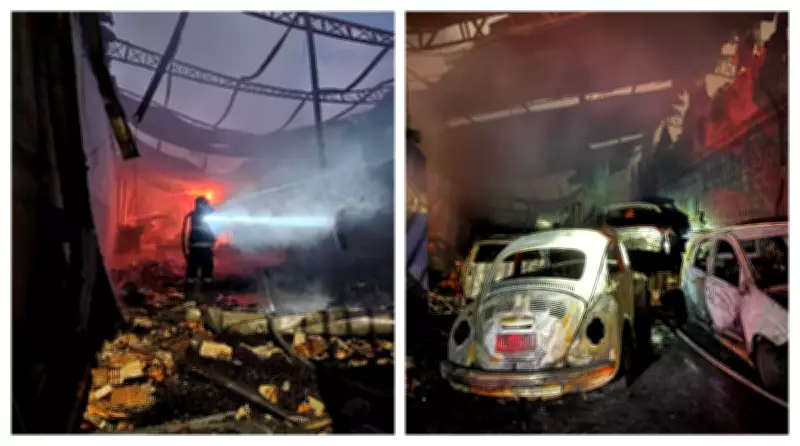 Incêndio de grandes proporções atinge fábrica e oficina no Jardim Helena, em São Paulo