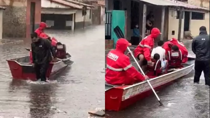 Lancha Resgata Idosa e Crianças em Rua Alagada de Parnaíba Após Chuva Intensa