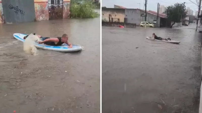 Morador de Jacareí 'surfa' em alagamento durante temporal no interior de SP