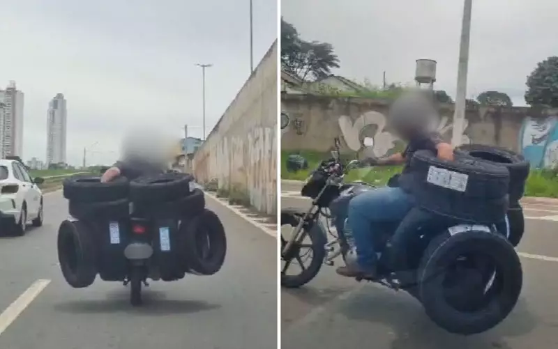 Moto com quase 10 pneus é flagrada em via movimentada de Goiânia