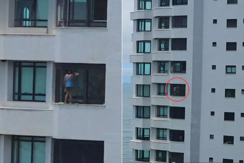 Mulher realiza limpeza perigosa em parapeito de prédio de luxo no Guarujá, SP