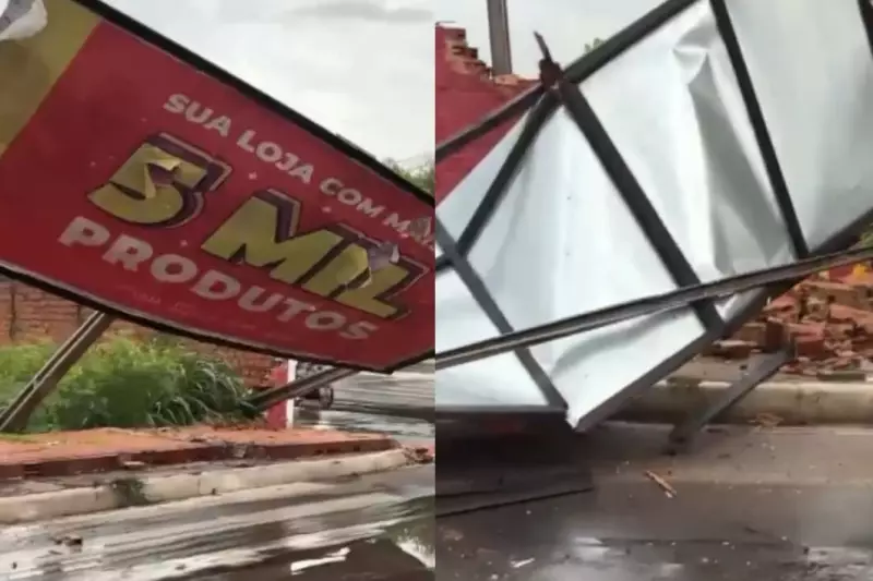 Muro desaba e derruba outdoor durante temporal em Teresina; árvores caem em várias regiões