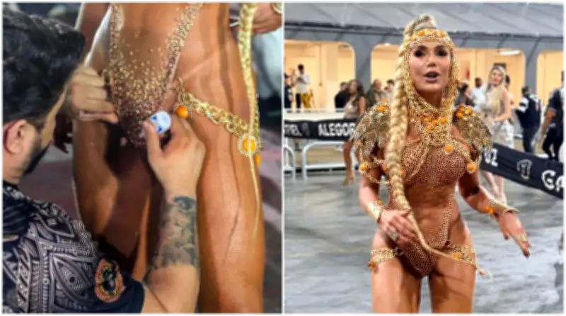 Musa da Gaviões usa supercola para fixar tapa-sexo em ensaio técnico e revela segredos da fantasia