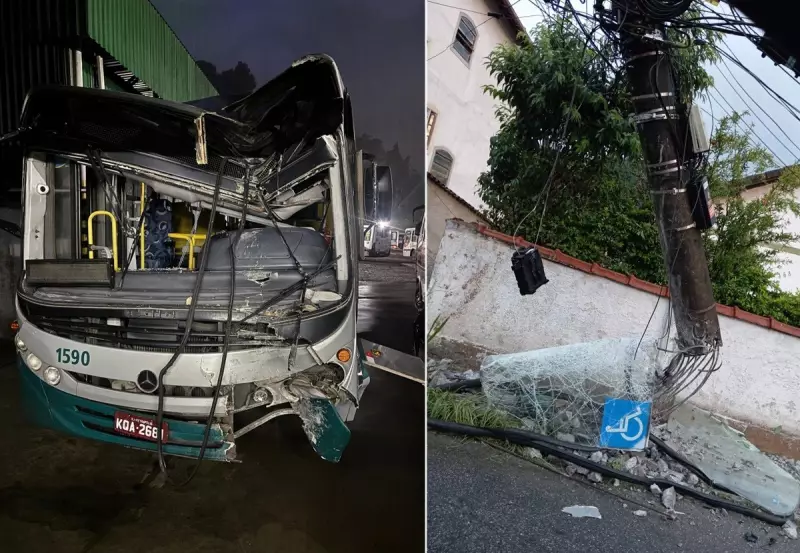 Ônibus colide com poste em Petrópolis ao evitar motocicleta em alta velocidade