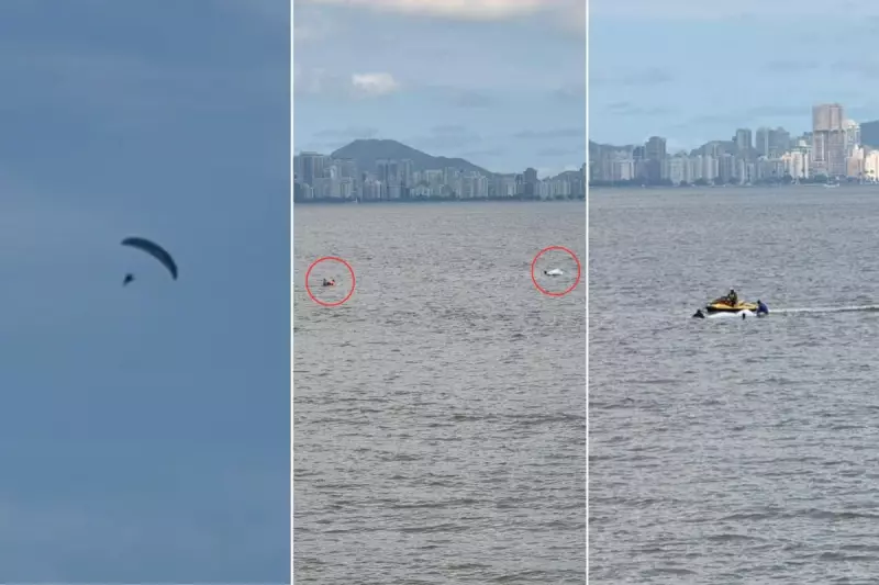 Piloto de paramotor cai no mar após falha em equipamento durante manobra em São Vicente, SP