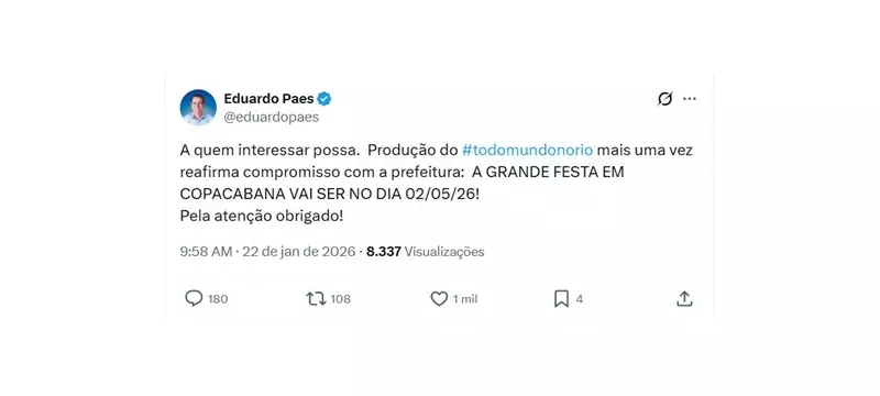 Prefeito do Rio confirma data do show 'Todo Mundo no Rio' para 2 de maio em Copacabana